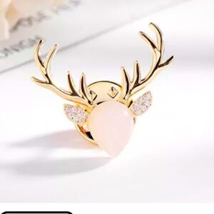 NWT Pink Zirconia Crystal Deer Head Brooch With Rhinestone Ears Golden Antlers